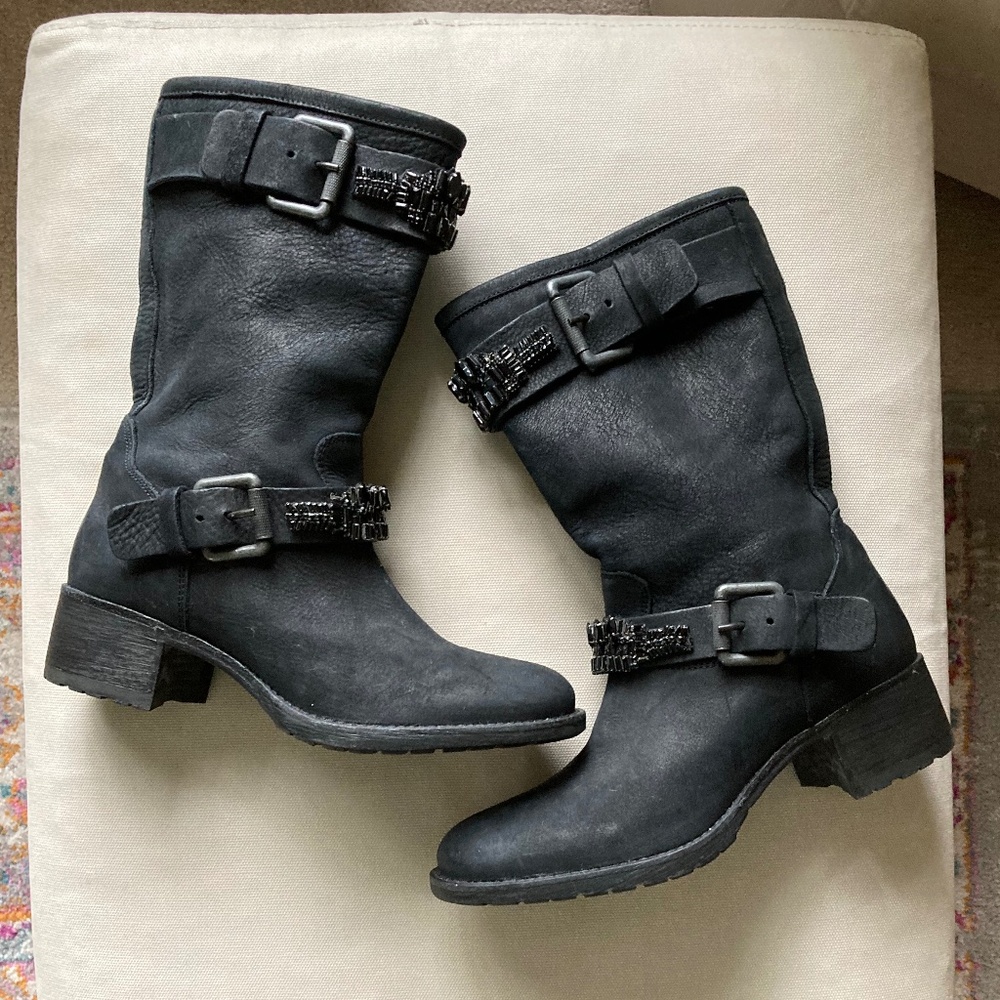 Vera Wang Lavender Black Jeweled Leather Moto Boots Size 7 1/2